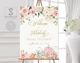 Editable Tea Party, Bridal Shower sign, Signage, Blush Pink Flowers, Quinceanera, Sweet 16, Wedding, Instant Download, Corjl Template, WS111