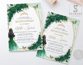 May include: Two rectangular Quinceañera invitations featuring dark green roses, gold geometric frames, and a gold tiara. The text includes details for Mia Julieta, the Church of the Nativity, and Crest Hollow Country Club, with a Suselis logo in the corner.
