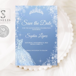 Editable Winter Wonderland Save the Date Template, Blue Silver, Mis Quince, Sweet Sixteen, Sweet 16, Printable, Instant Download, QU161