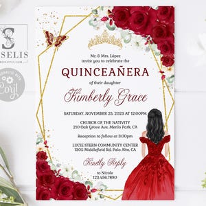 EDITABLE TEMPLATE Ruby Red Roses, Quinceanera Invitation & Back, Butterfly, Sweet 16, 15th Birthday, Printable, Instant Download, QU193