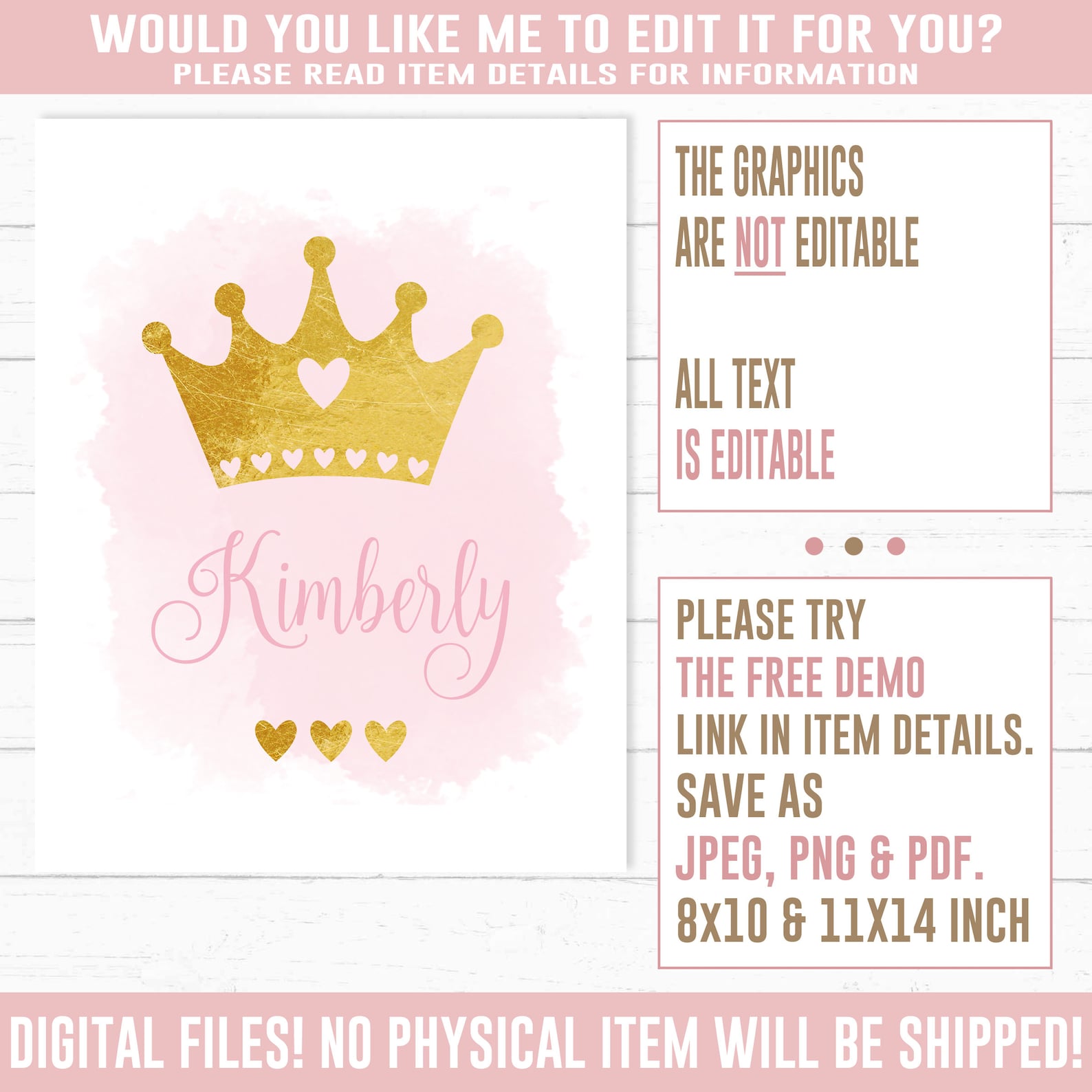 Editable Princess Name Printable Corjl Template Gold Crown | Etsy