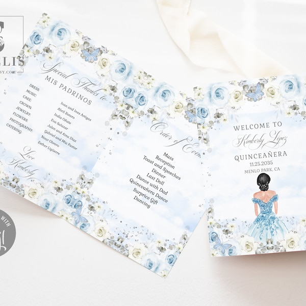 EDITABLE Bi-Fold Quinceanera Program Template, Baby Blue Flowers, Padrinos Damas, Order of Events, Printable, Instant Download, QU084H