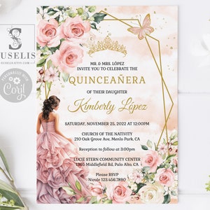 EDITABLE Template Quinceanera Invitation, Blush Pink Flowers, Rose Gold, Mis Quince, Sweet Sixteen, Printable Instant Download QU054B