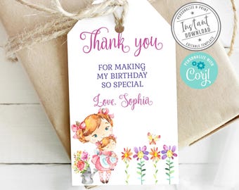 May include: A white rectangular gift tag featuring the purple text Thank you FOR MAKING MY BIRTHDAY SO SPECIAL Love, Sophia. The tag displays a watercolor illustration of a person holding a smaller person, flowers, and butterflies.