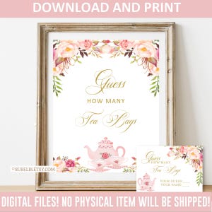 Guess Tea Bags Sign and Card, Blush Pink Floral Tea Party WS084