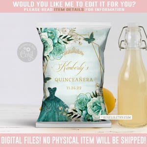 Editable Quinceanera Chip Bag Template, Green Teal Butterfly QU054H