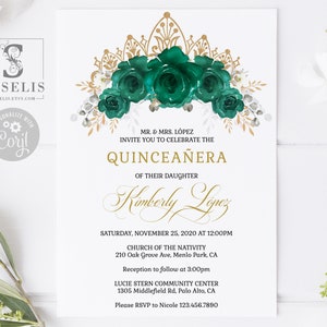EDITABLE Quinceanera Invitation Template, Emerald Green Flowers, Butterfly, Mis Quince, Sweet 16, Printable, Instant Download, QU091