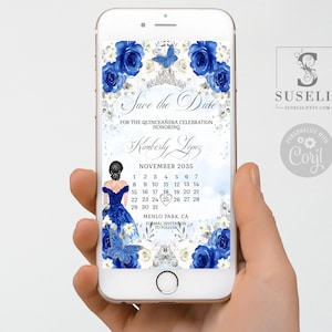Editable Template Save the Date, Royal Blue Flowers, Text Invite, Quinceañera, Sweet 16 Evite, SMS Email, Printable Instant download, QU084