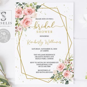EDITABLE, Bridal Shower Invitation, Blush Pink Watercolor, Flowers Theme, Instant Download, Corjl Template, Printable, Digital, SU022