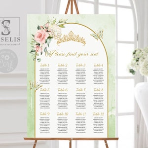 EDITABLE Template Seating Chart, Table Plan, Sage Green, Blush Pink Flowers, Quinceañera, 16th Birthday, Instant download, Printable, SU058