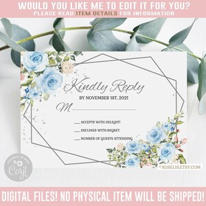 Editable RSVP Card, Kindly Reply, Blue Flowers, Tiara, Mis Quince Anos, 15th Birthday, Corjl Template, Instant Download, SU022B
