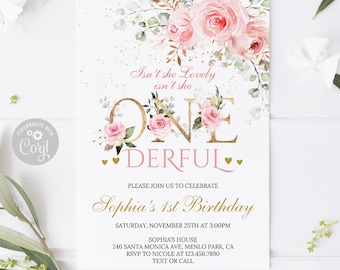 EDITABLE Baby&#39;s First Birthday Invitation, Onederful, Template, Blush Floral Girl Invite, Instant Download, 1st, Printable, Digital 10-206