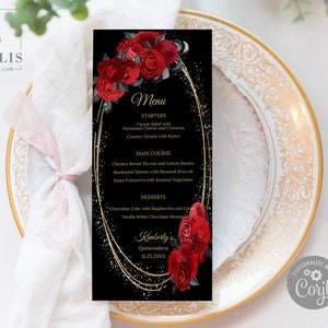 EDITABLE Menu Template, Quinceanera, Black Red Flowers, Sweet 16, Butterfly, Mis Quince, Wedding, Printable, Instant Download, QU171