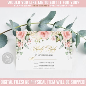 Editable RSVP Card, Kindly Reply, Blush Pink Flowers, Mis Quince Anos, 15th Birthday, Corjl Template, Instant Download, SU029