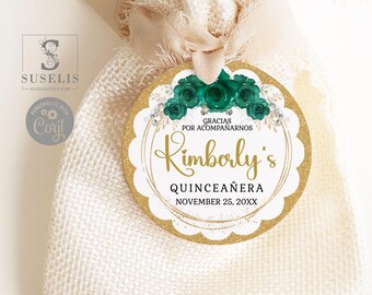 Editable Template Quinceanera Scalloped Tag, Thank You, Emerald Gift Favor Tag, Mis Quince 15th Birthday, Printable, Instant Download, QU166