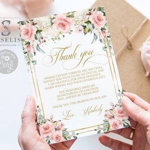 Editable Thank you Card, Blush Pink Flowers, Sweet Sixteen, Mis Quince Anos, 15th Birthday, Wedding, Template, Instant Download, SU029