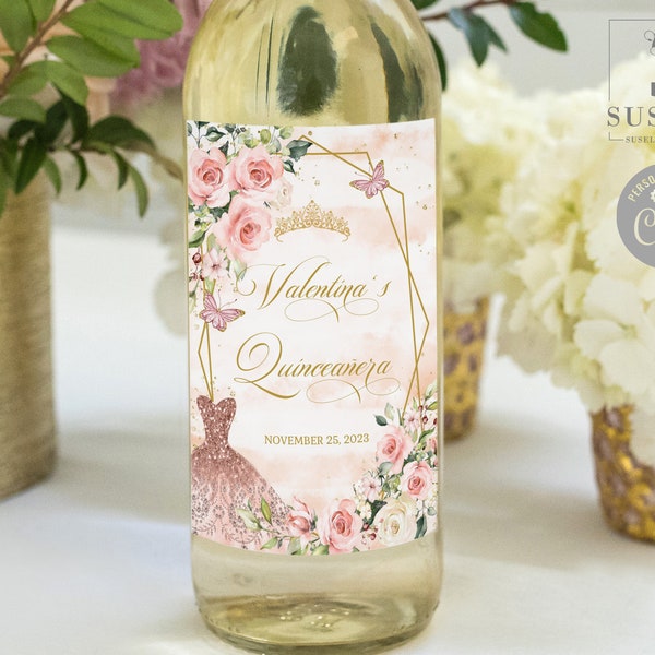 EDITABLE Quinceañera Wine Bottle Labels Template, Blush Pink, Butterfly, Sweet 16, Wedding, Favor labels, Instant Download, Digital, QU054B