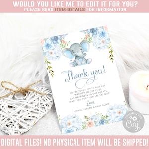 Editable Thank you Card, Corjl Template, Watercolor Elephant Flowers, Baby Boy Shower, Instant Download, Printable Birthday, DIGITAL, BS053