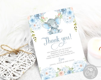 Editable Thank you Card, Corjl Template, Watercolor Elephant Flowers, Baby Boy Shower, Instant Download, Printable Birthday, DIGITAL, BS053