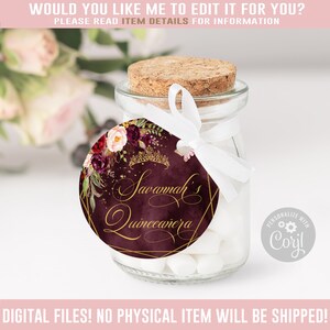 Editable Quinceanera Favor Tag, Burgundy, Gift tag, Mis Quince Anos, 15th Birthday, Butterfly, Corjl Template, Instant Download, QU062