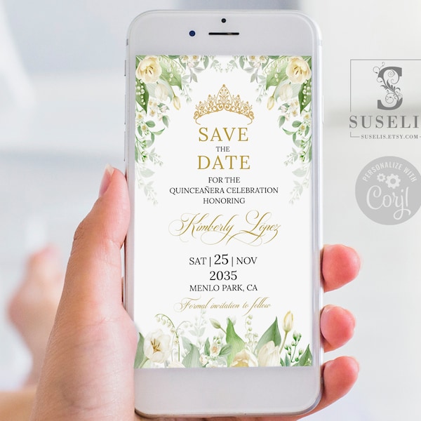 Editable Save the Date Template, White Sage Flowers, Text Invite, Quinceañera, Sweet 16, Evite, SMS Email, Printable Instant download, QU005