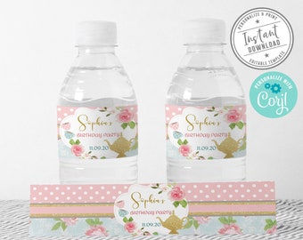 EDITABLE Water Bottle Labels, Corjl Template, Birthday Baby shower Tea Party, Watercolor Flowers, Instant Download Printable Digital, 10-007