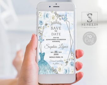 Editable Save the Date Evite Template, Text Invite, Baby Blue Flowers, Butterfly, SMS, Mis Quince, 15th Birthday, Instant Download, QU054A