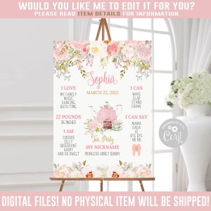Editable Tea Party, Birthday Milestone Sign, Corjl Template, Instant download, Floral Tea for Two Board, Flowers, You Edit Printable, 10-107