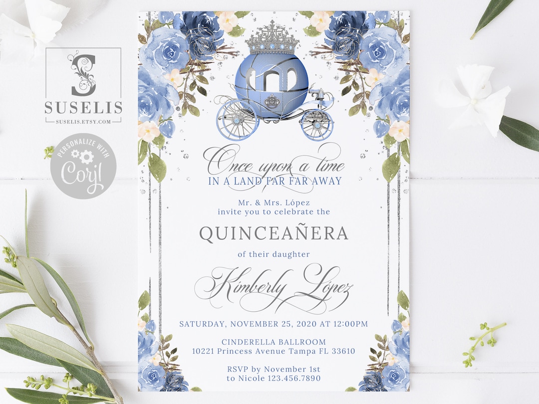 EDITABLE Quinceanera Invitation, Blue Floral, Cinderella Princess