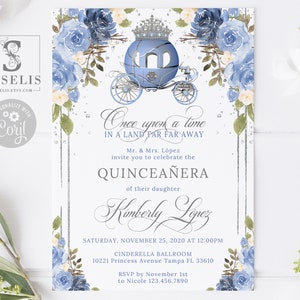 EDITABLE Template Quinceanera Invitation, Blue Floral, Cinderella Princess Carriage, Mis Quince, 15th Birthday, Printable, Instant, QU116