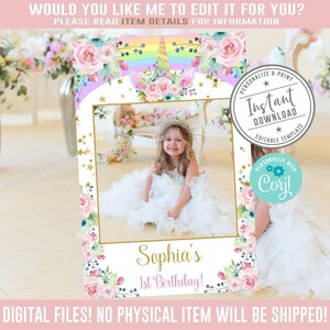 May include: A rectangular photo frame template featuring a unicorn horn, pink roses, and a rainbow at the top. The frame includes gold stars, the text Sophia's 1st Birthday, and circular badges stating Instant Download and Corjl.
