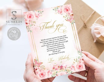 EDITABLE TEMPLATE Thank you Card, Flat, 4x6", Blush Pink Flowers, Sweet 16, Mis Quince, 15th Birthday, Printable, Instant Download, SU034