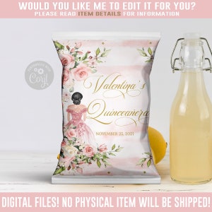 EDITABLE Quinceañera Chip Bag, Blush Pink Butterfly Bag, Mis Quince, 15th Birthday, Party Favors, Corjl Template, Instant Download, QU084C