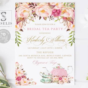 EDITABLE Bridal Shower Tea Party Invitation, Blush Pink Flowers, High Tea Invite, DIY, Corjl Template, Instant download, Printable SU018