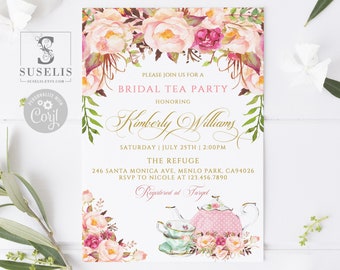 EDITABLE Bridal Shower Tea Party Invitation, Blush Pink Flowers, High Tea Invite, DIY, Corjl Template, Instant download, Printable SU018