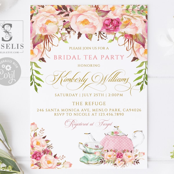 EDITABLE Bridal Shower Tea Party Invitation, Blush Pink Flowers, High Tea Invite, DIY, Corjl Template, Instant download, Printable SU018