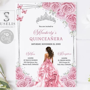 EDITABLE Quinceanera Invitation Template, Blush Pink Silver Flowers, Mis Quince, 15th 16th Birthday, Printable, Instant Download, SU061