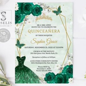 EDITABLE Quinceanera Invitation & Back Template, Emerald Green, Butterfly, Mis Quince, Sweet Sixteen, Printable, Instant Download, QU054