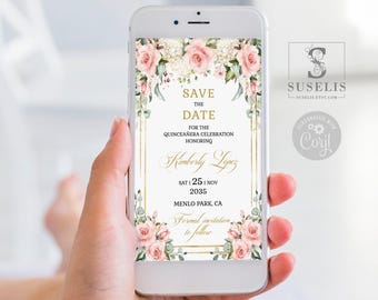 Blush Pink Floral Save the Date Evite, Quinceañera, Sweet 16 SU029