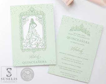 EDITABLE Template Sage Green Quinceanera Invitation, Front and Back, Butterfly, Mis Quince, Sweet Sixteen, Printable Instant Download, QU126