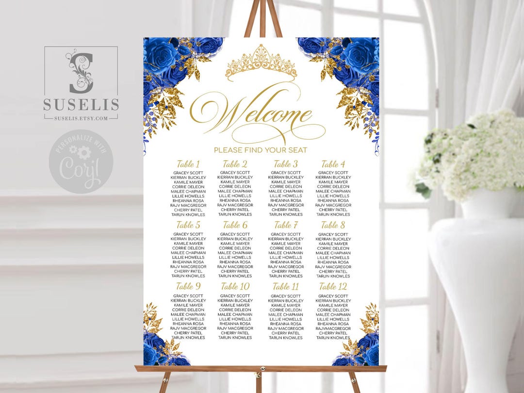 EDITABLE Seating Chart Template, Table Plan, Royal Blue Flowers, Floral ...