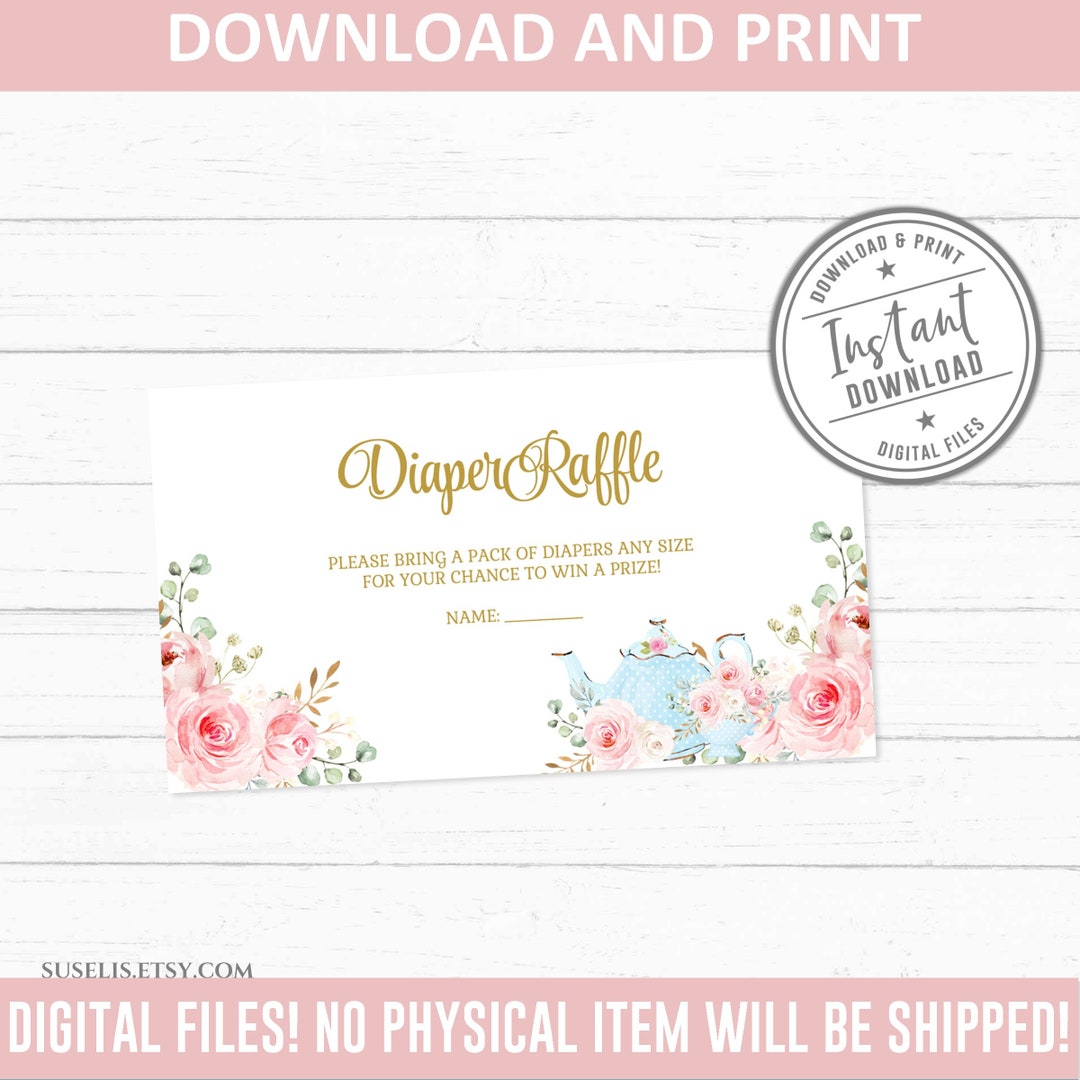 Printable Tea Party Diaper Raffle Tickets, Diaper Raffle Card, Baby ...