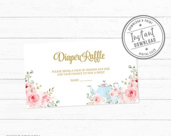 Printable Tea Party Diaper Raffle Tickets, Diaper Raffle Card, Baby Girl Shower, Insert Card, Bring a Pack of Diapers, DIGITAL BS243