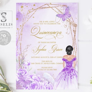 EDITABLE Quinceanera Invitation & Back Template, Gold Purple Flowers, Butterfly, Mis Quince, Sweet 16, Printable, Instant Download QU069