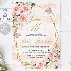 EDITABLE Template Sweet Sixteen Invitation, Blush Pink Flowers, Butterfly, Sweet 16, 16th Birthday, Printable, Instant Download, SW16017