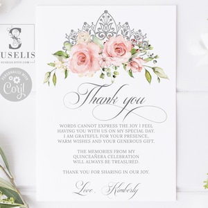 Editable Thank you Card Template, Blush Pink Flowers, Quinceañera, Sweet Sixteen, Sweet 16, 5x7 inch, Printable, Instant Download, QU021