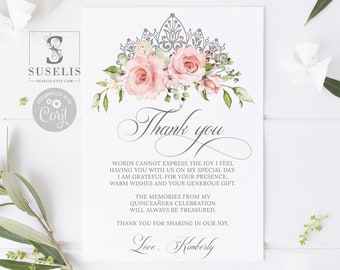 Editable Thank you Card Template, Blush Pink Flowers, Quinceañera, Sweet Sixteen, Sweet 16, 5x7 inch, Printable, Instant Download, QU021