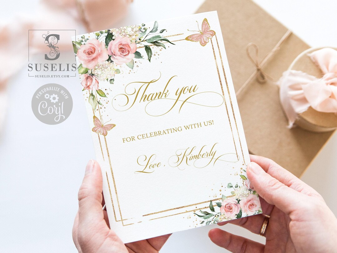 Editable Thank You Card Template, Blush Pink Flowers, Butterfly ...