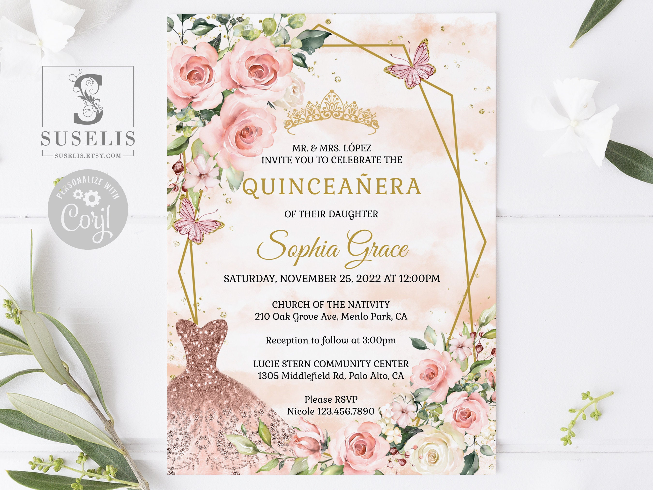 EDITABLE Quinceanera Invitation Back Template, Blush Pink Flowers,  Butterfly, Sweet 16, Mis Quince, Printable, Instant Download, QU054 