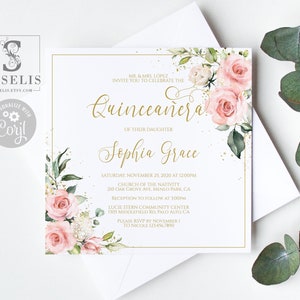 EDITABLE Square Quinceanera Invitation Template, Blush Pink Flowers, 5x5 inch Design, Sweet Sixteen, Instant download, Printable QU027